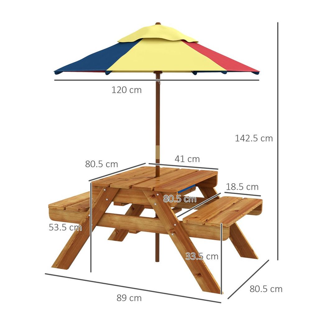 Kids Picnic Table Set with Sand and Water Table Removable Parasol - Brown