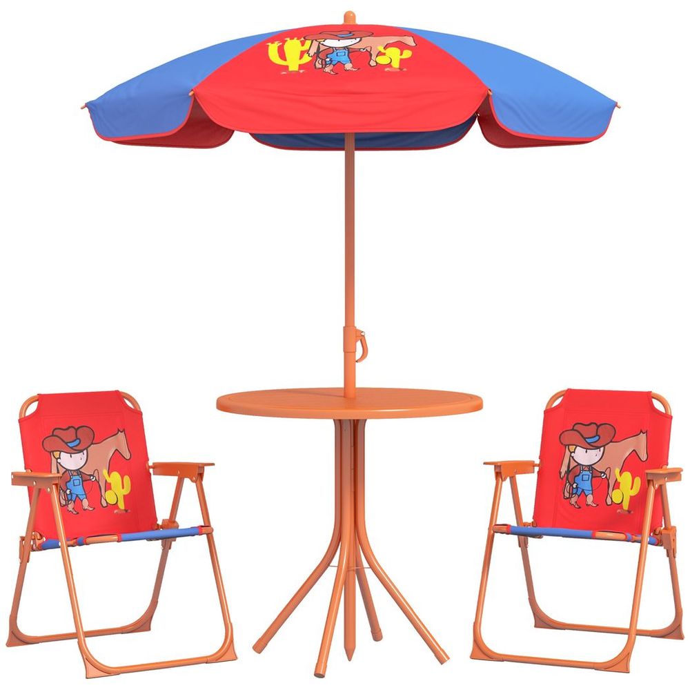 Kids Picnic Table and Chair Set, Cowboy Themed Outdoor Garden Furniture w/ Foldable Chairs, Adjustable Parasol