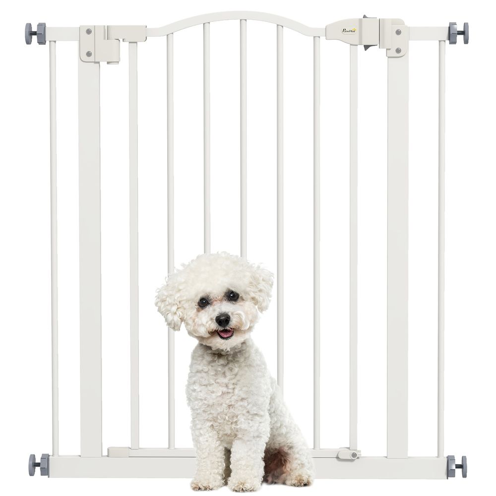 PawHut 74-80cm Adjustable Metal Pet Gate Safety Barrier with Auto-Close White