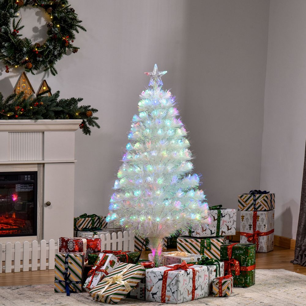 4FT Pre-Lit White Artificial Christmas Tree with Fibre Optic LED Lights