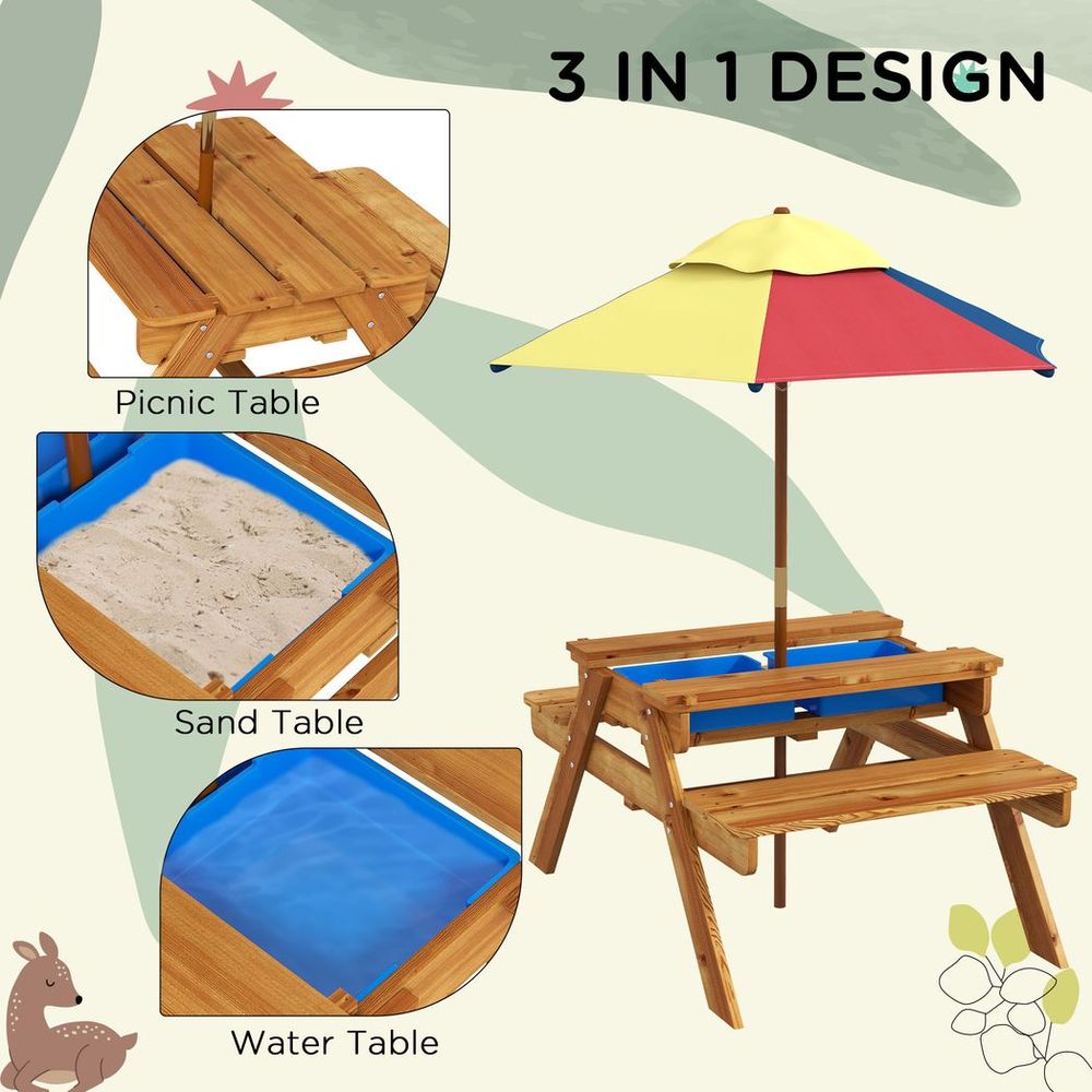 Kids Picnic Table Set with Sand and Water Table Removable Parasol - Brown