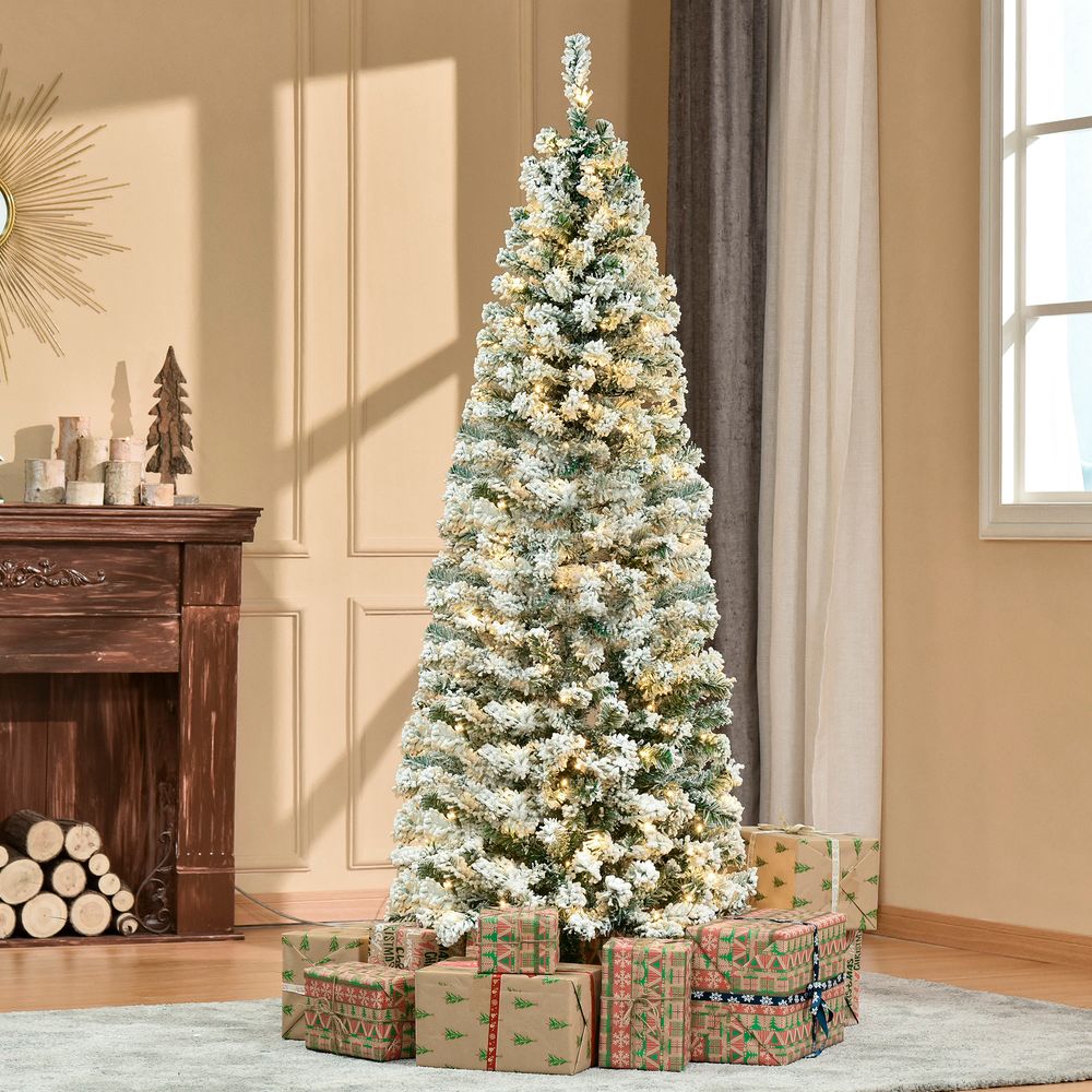 6FT Prelit Artificial Snow Flocked Christmas Tree with Warm LED Lights