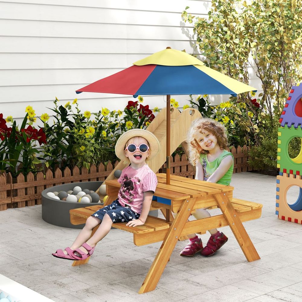 Kids Picnic Table Set with Sand and Water Table Removable Parasol - Brown