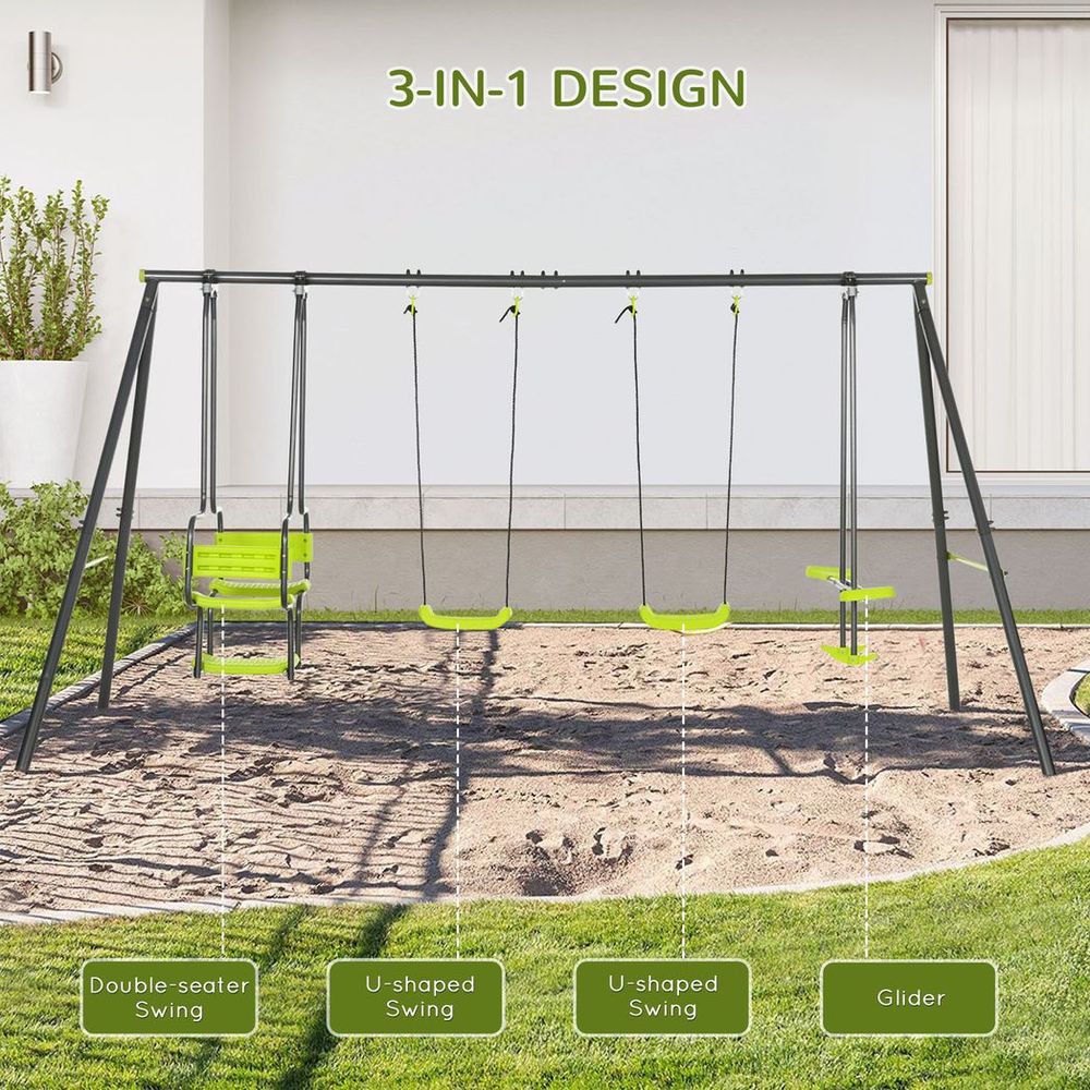 Metal Garden Swing Set with Double Swings, Glider, Swing Seats - Green