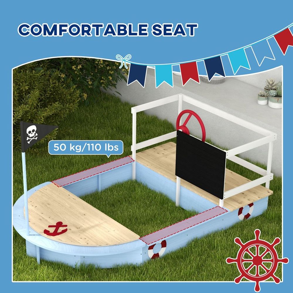 Sand Pit with Blackboard, Flag, Storage Deck for Outdoor Play - Blue