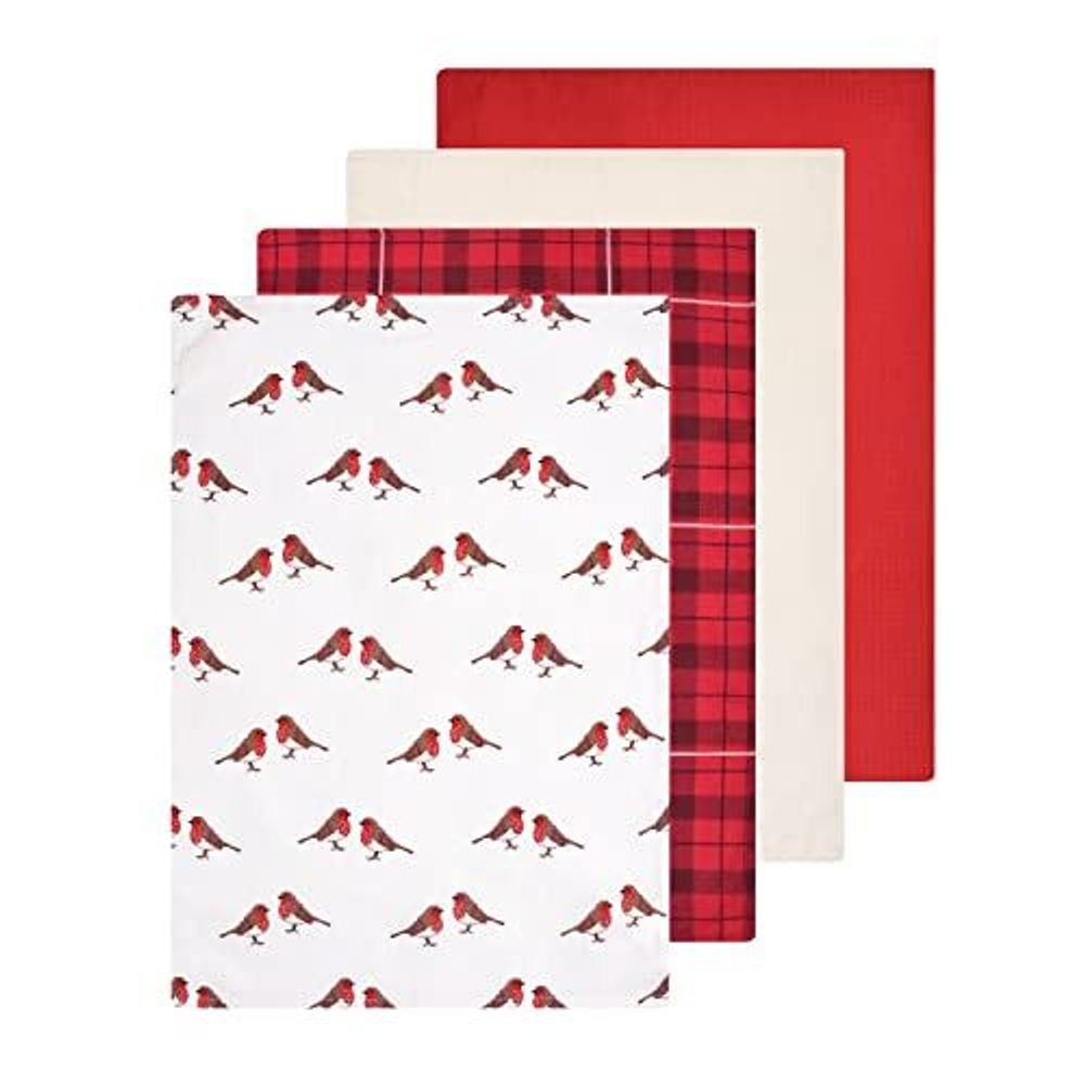 ROBIN SET 4 PRINTED & WAFFLE TEA TOWELS