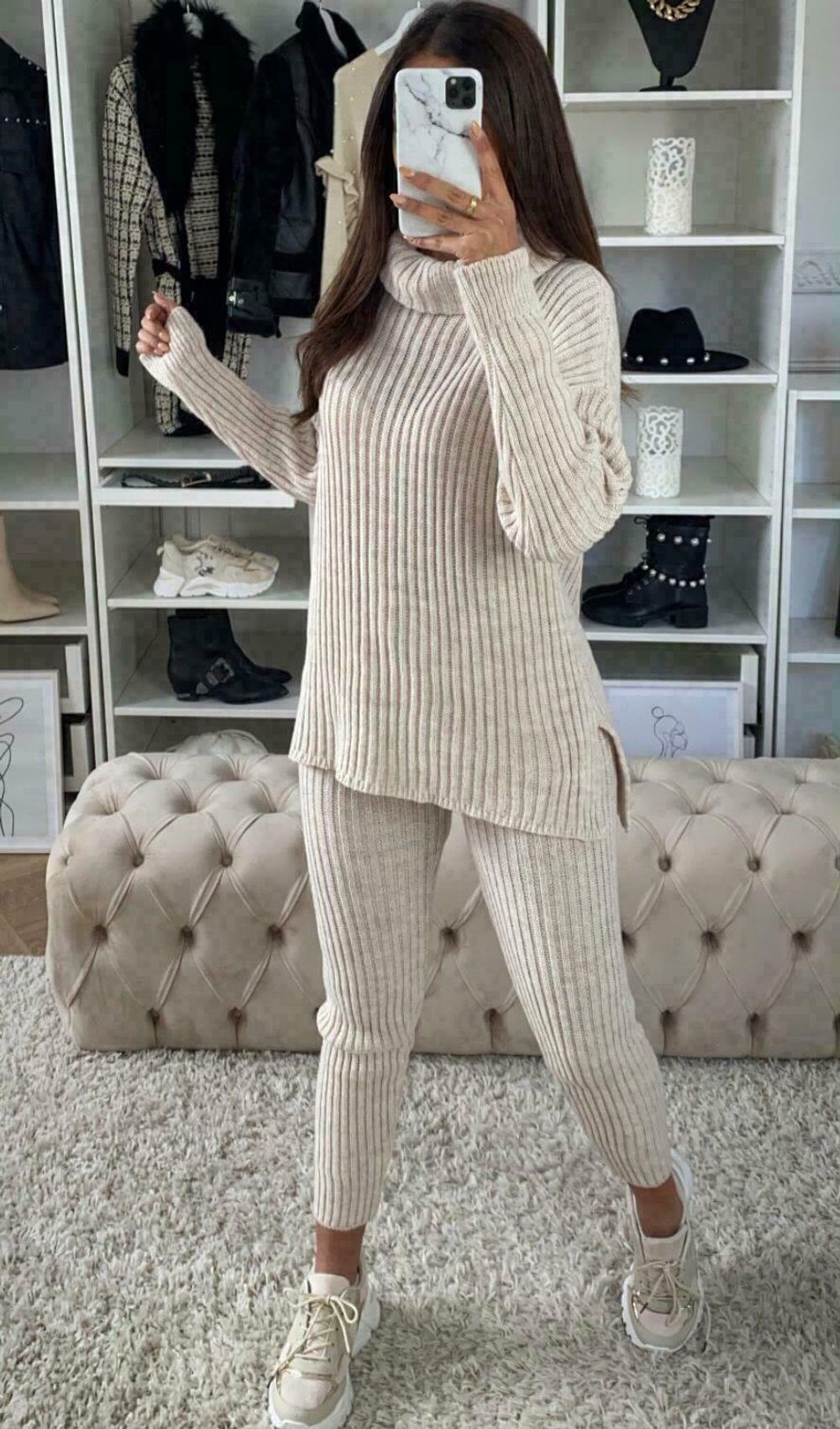 Ladies Chunky Knitted Ribbed Polo High Neck Top Leggings Loungewear Suit Set