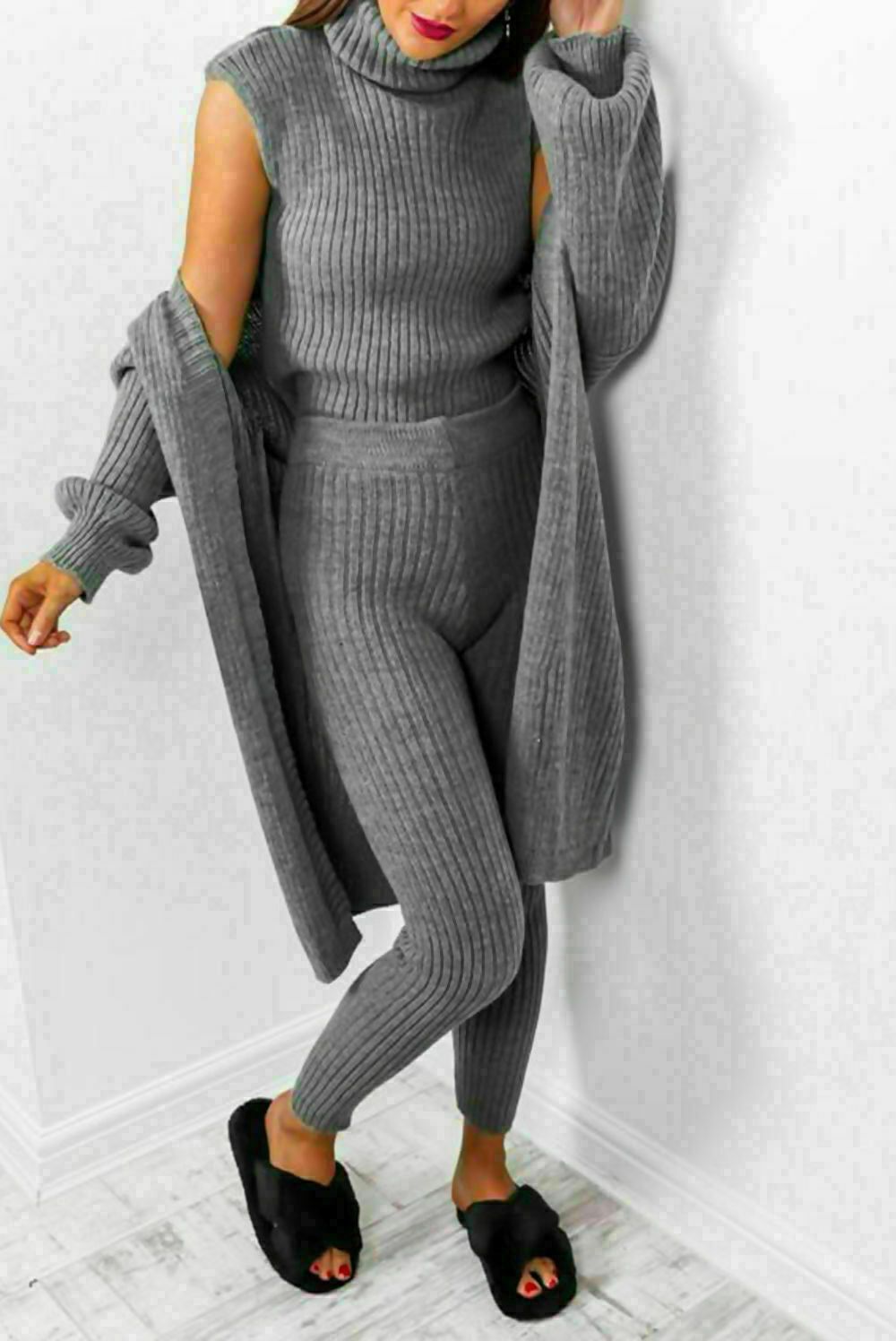 Ladies 3 Piece Suit Roll Neck Chunky Knitted Ribbed Tracksuit Lounge Set (One Size 8-14)