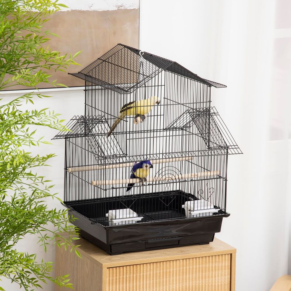 Metal Bird Cage with Plastic Perch, Food Container, Handle 50.5 x 40 x 63cm Black