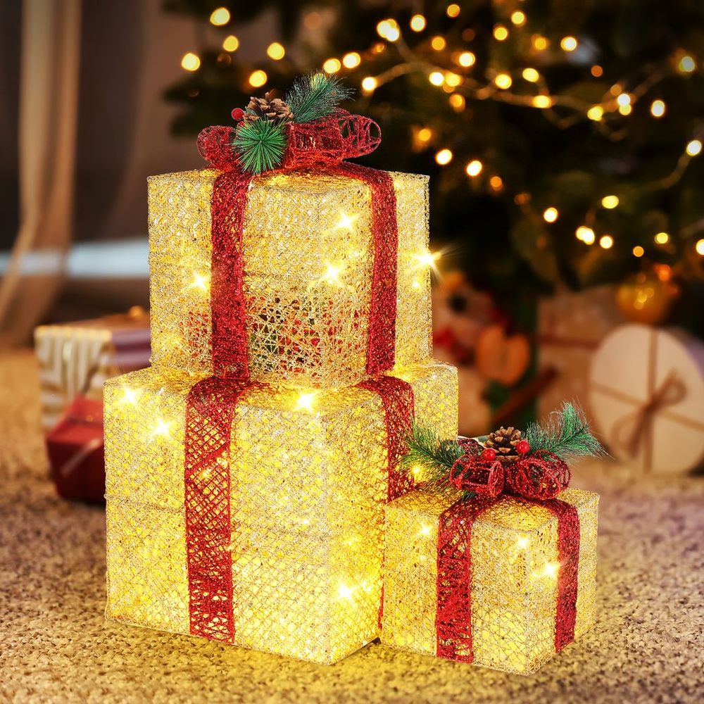 3pcs 10 Inch-8 Inch-6 Inch Golden Gift Box Garden Gift Box Decoration 5M Long Power Cord UK Gauge