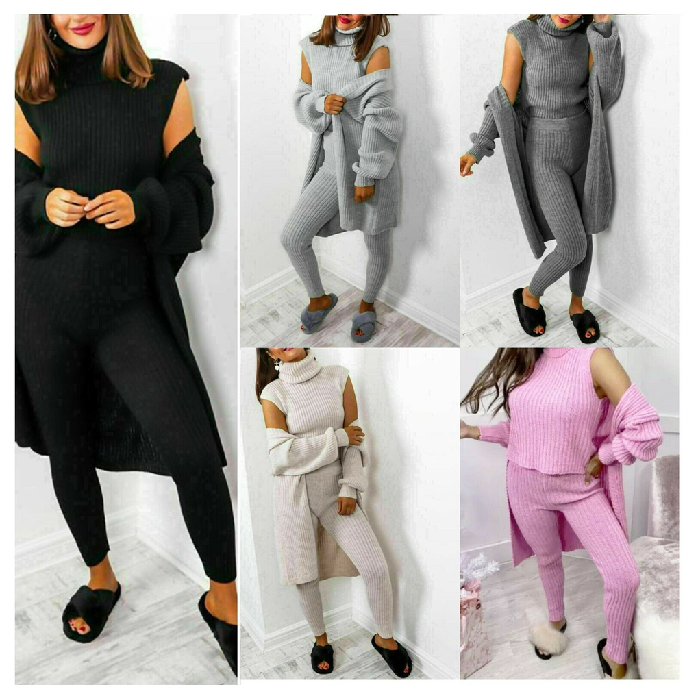 Ladies 3 Piece Suit Roll Neck Chunky Knitted Ribbed Tracksuit Lounge Set (One Size 8-14)