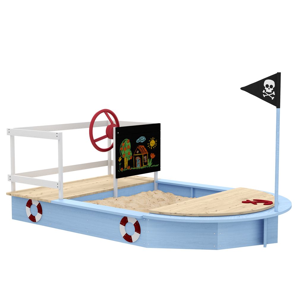 Sand Pit with Blackboard, Flag, Storage Deck for Outdoor Play - Blue