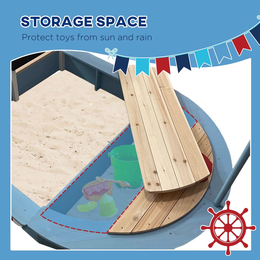 Sand Pit with Blackboard, Flag, Storage Deck for Outdoor Play - Blue