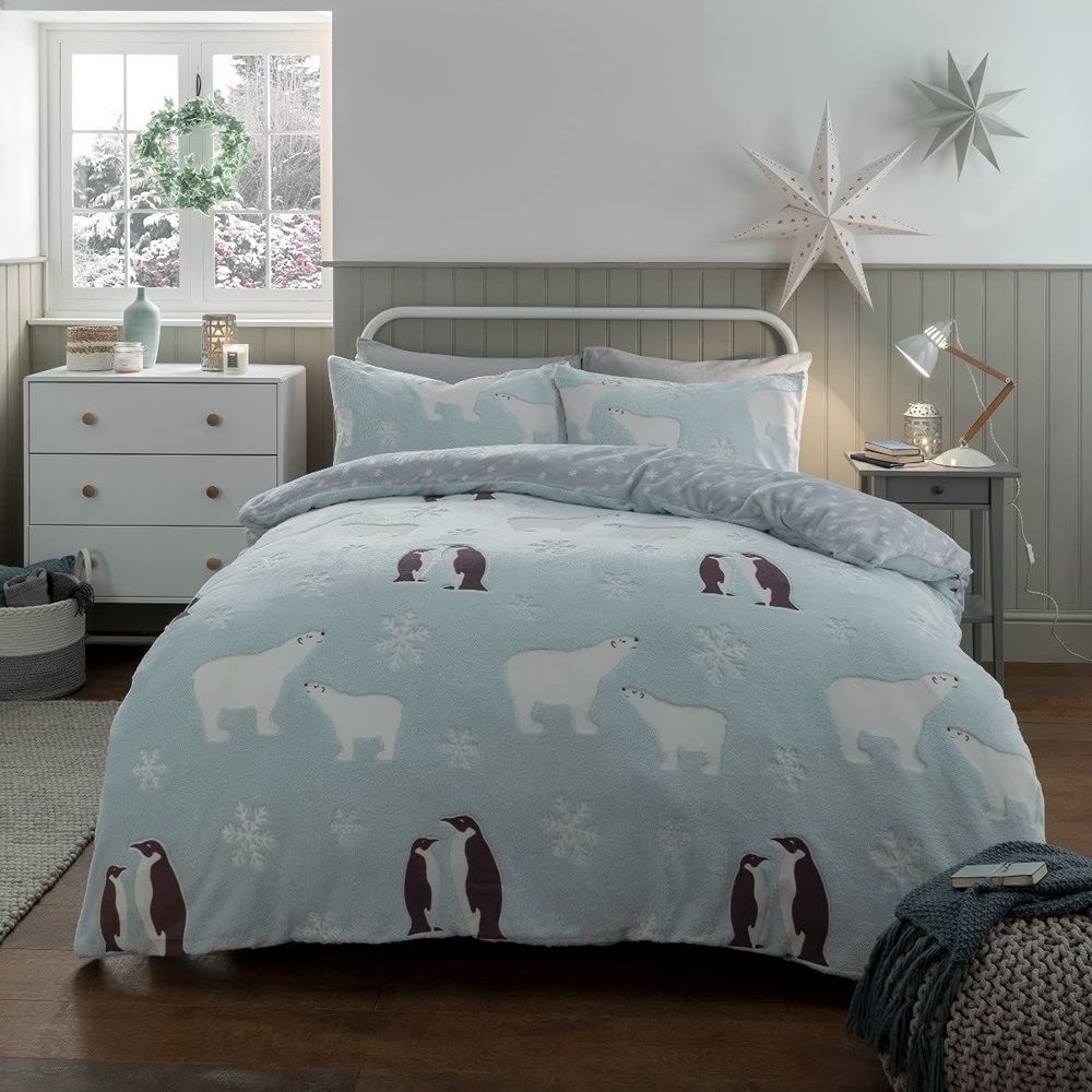 PENGUIN & POLAR BEAR GLOW IN THE DARK FLEECE DUVET SET - DOUBLE