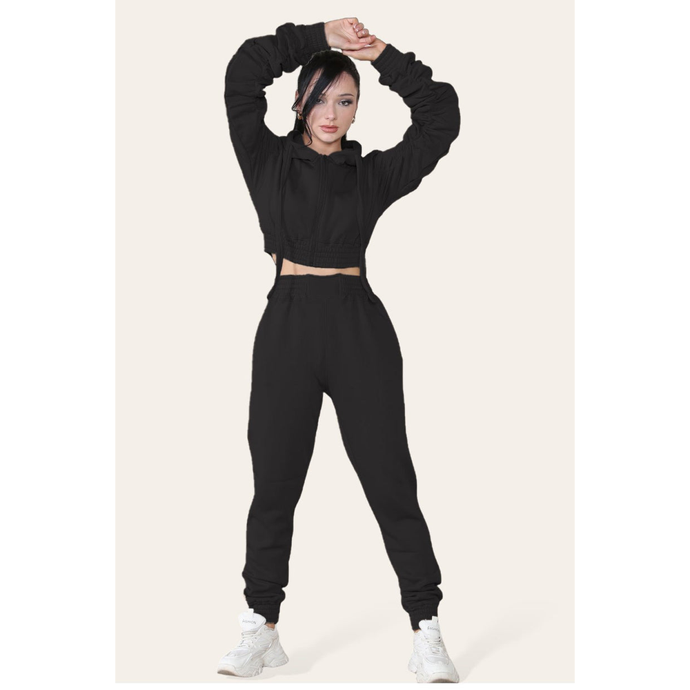 Ruched Sleeves Cropped Hoodie and Cropped Jogger Cuffed Bottom Loungewear Tracksuit Set