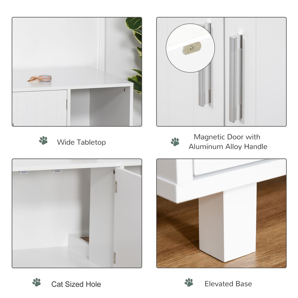 Wooden Cat Litter Box Enclosure & House with Nightstand/End Table Design, Scratcher, & Magnetic Doors, White