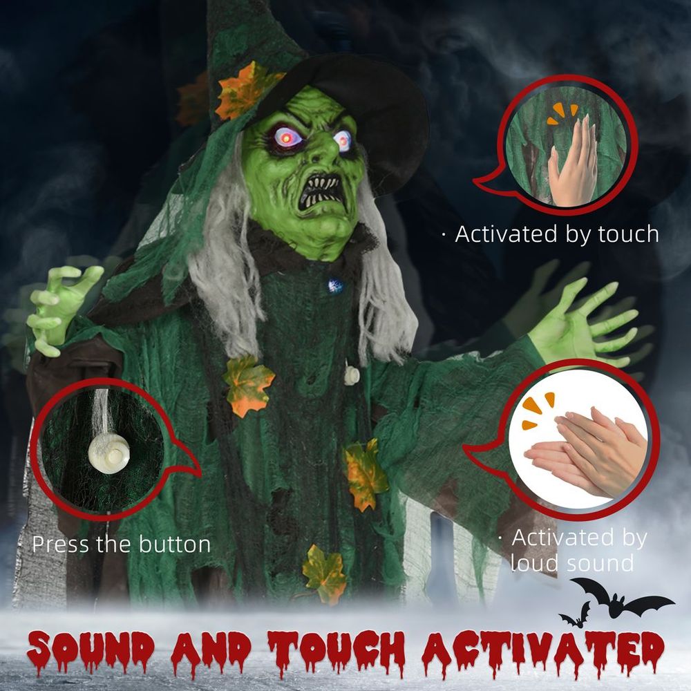 6ft Halloween Witch Decoration, Outdoor Activated Prop with Light Up Eyes Magical Heart, Sound Activated