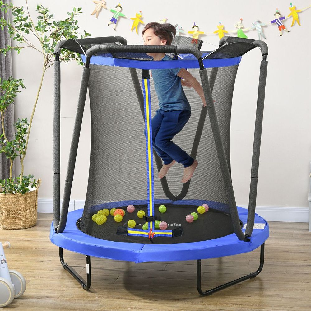 4.6FT Kids Trampoline with Enclosure, Basketball, Sea Balls - Blue