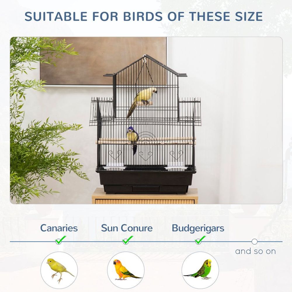 Metal Bird Cage with Plastic Perch, Food Container, Handle 50.5 x 40 x 63cm Black