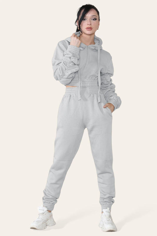 Ruched Sleeves Cropped Hoodie and Cropped Jogger Cuffed Bottom Loungewear Tracksuit Set