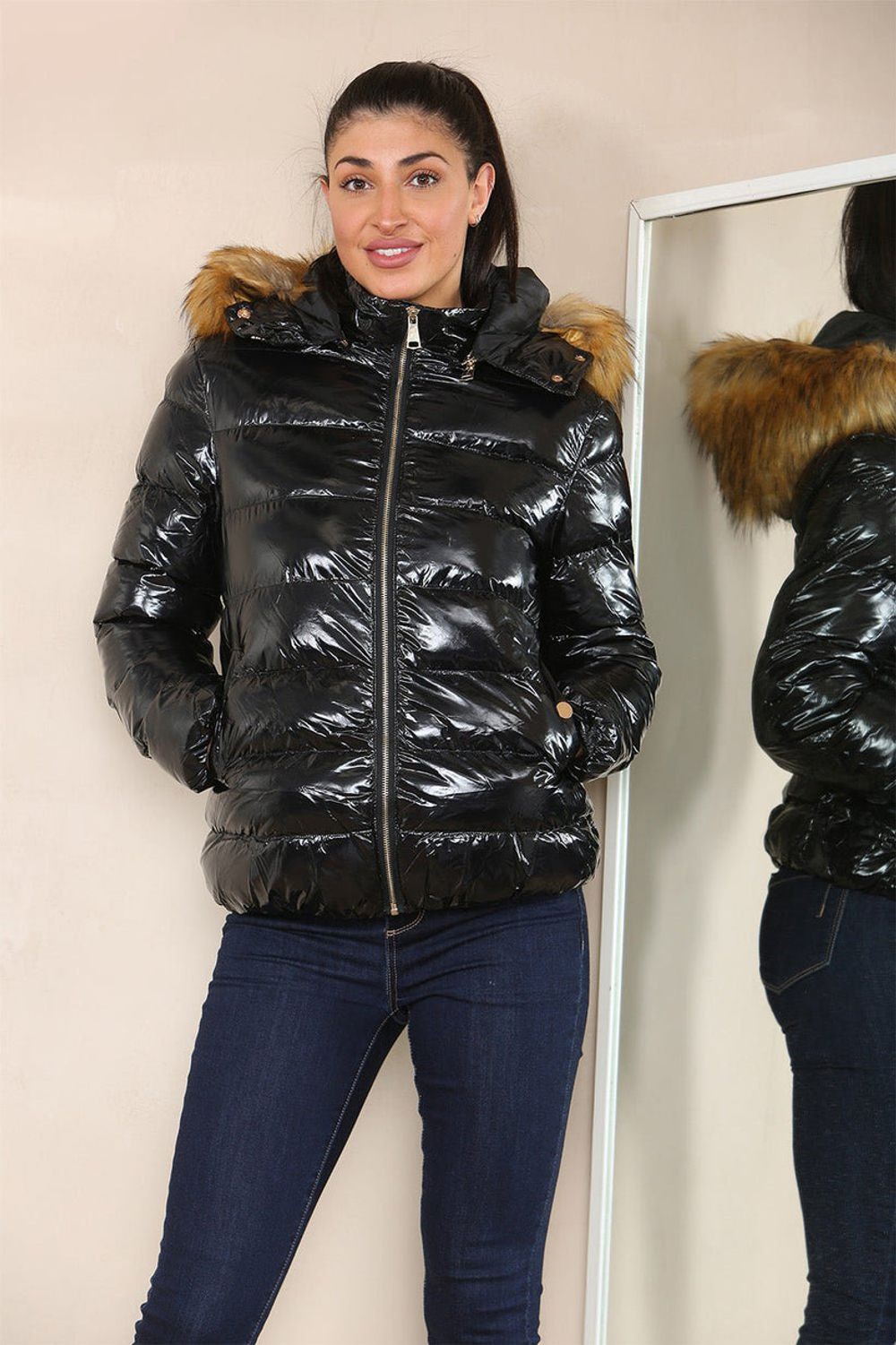 Wet Look Puffer Hooded Jacket with Faux Fur