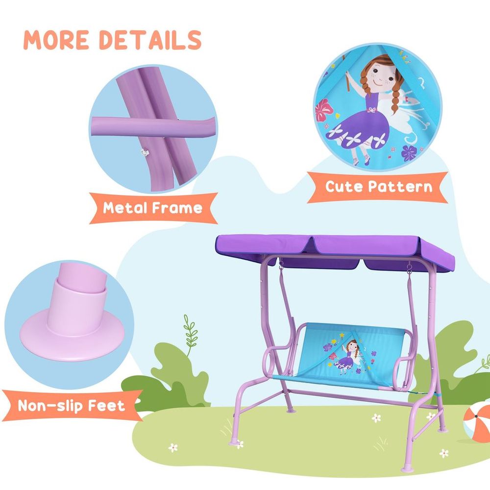 Two Seater Kids Garden Swing, Fairy Themed kids Swing Chair with Adjustable Canopy, Safety Belts