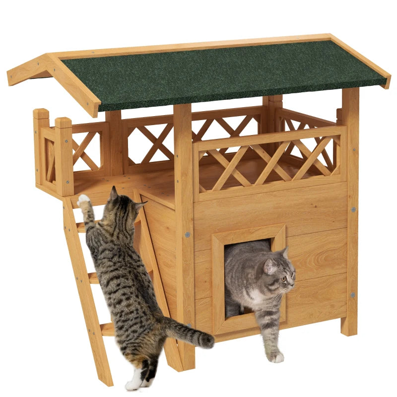 Cat House Outdoor w/ Balcony Stairs Roof, 77 x 50 x 73 cm, Natural Wood Finish