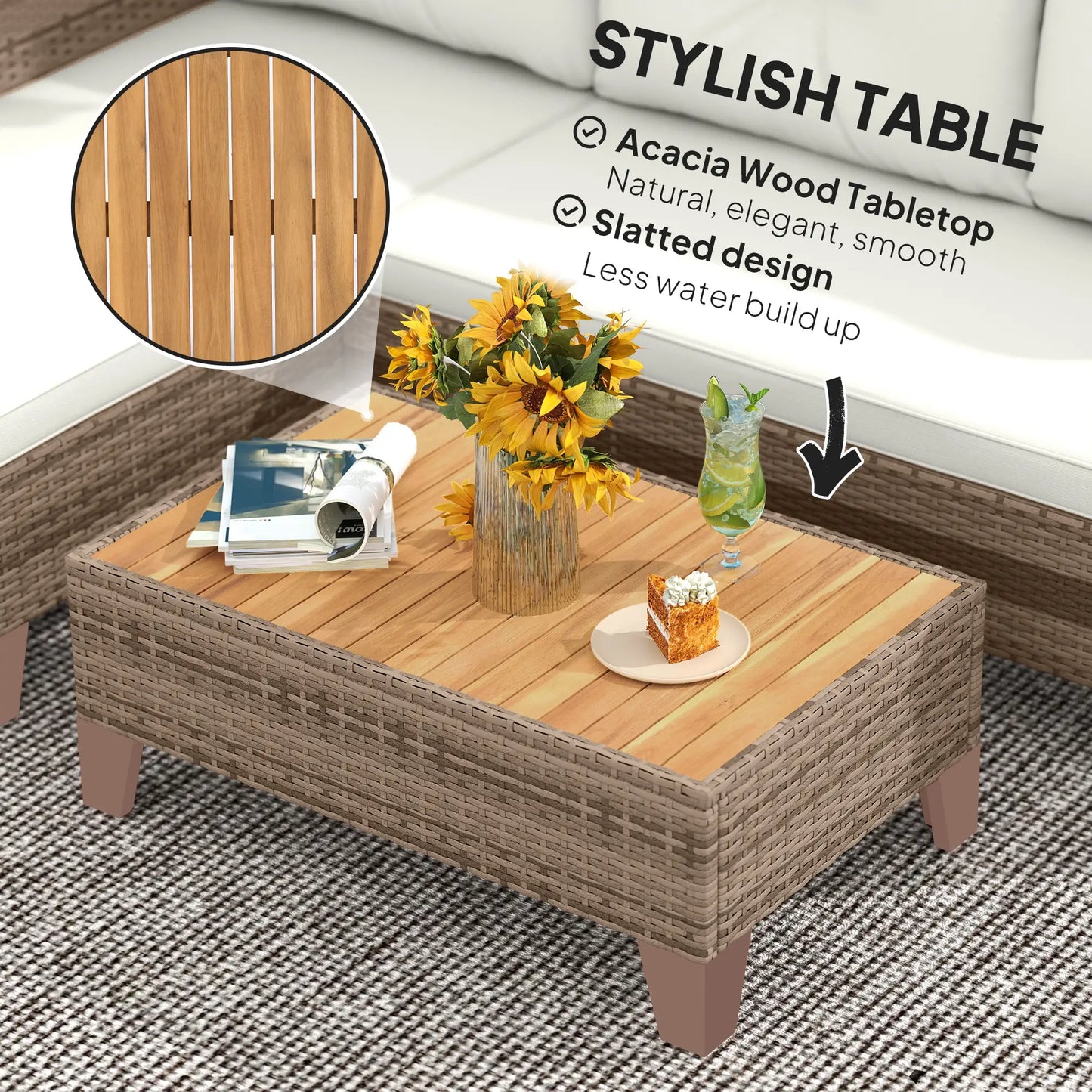 3 Pieces Rattan Garden Furniture Set - L-Shaped Sofa with Acacia Wood Coffee Table & Cushions - Cream