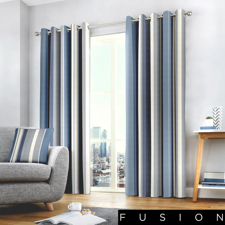 Whitworth Stripe 100% Cotton Lined Eyelet Curtains by Fusion in Blue