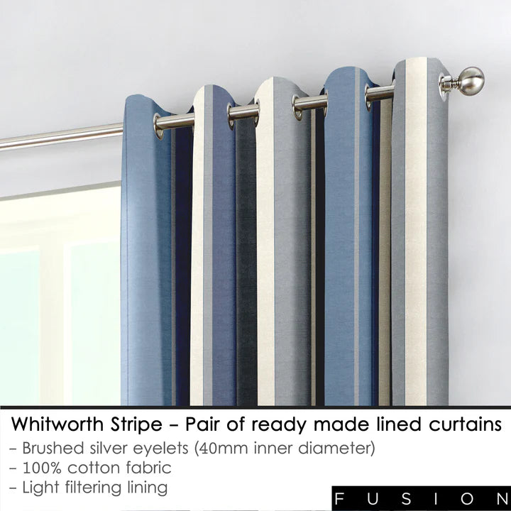 Whitworth Stripe 100% Cotton Lined Eyelet Curtains by Fusion in Blue