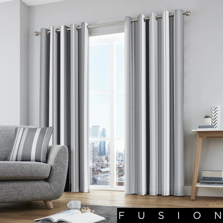 Whitworth Stripe 100% Cotton Lined Eyelet Curtains by Fusion in Grey