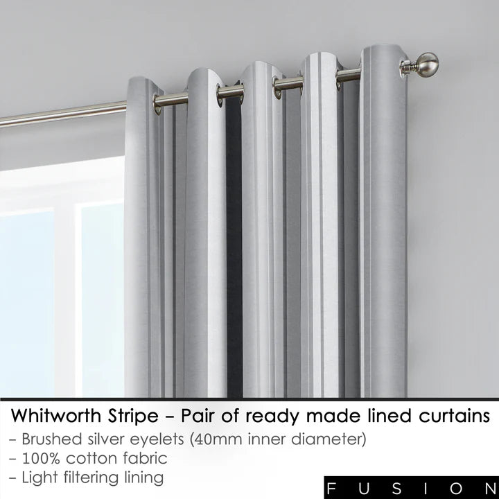 Whitworth Stripe 100% Cotton Lined Eyelet Curtains by Fusion in Grey