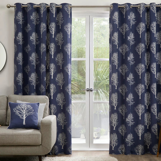 Woodland Trees Eyelet Curtains by Fusion in Navy