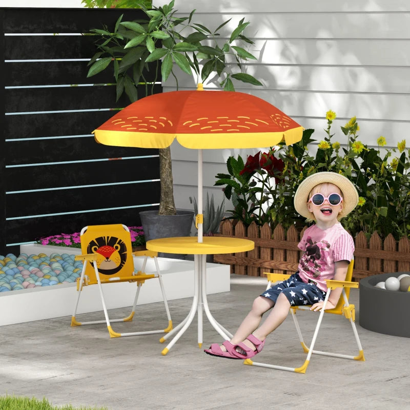 Kids Picnic Table and Chair Set, Lion Themed Outdoor Garden Furniture w/ Foldable Chairs, Adjustable Parasol - Yellow