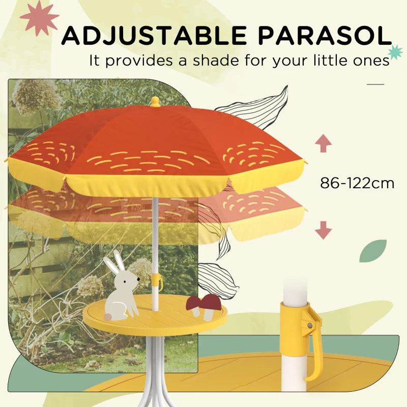 Kids Picnic Table and Chair Set, Lion Themed Outdoor Garden Furniture w/ Foldable Chairs, Adjustable Parasol - Yellow