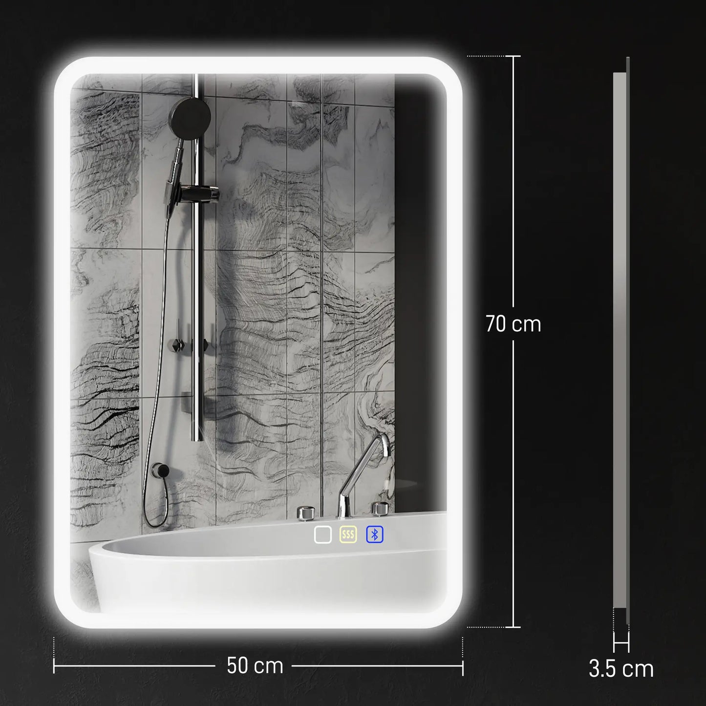 Backlit Illuminated Bathroom Mirror with LED Lights and Bluetooth - Silver Tone