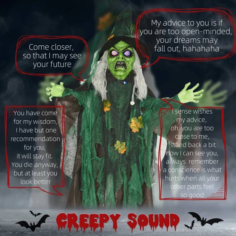 6ft Halloween Witch Decoration - Activated Prop with Light Up Eyes Magical Heart, Sound Activated