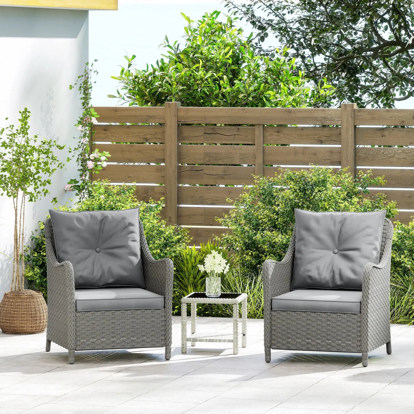 Set of 2 PE Rattan Garden Chairs with Cushions - High-Back Patio Armchairs