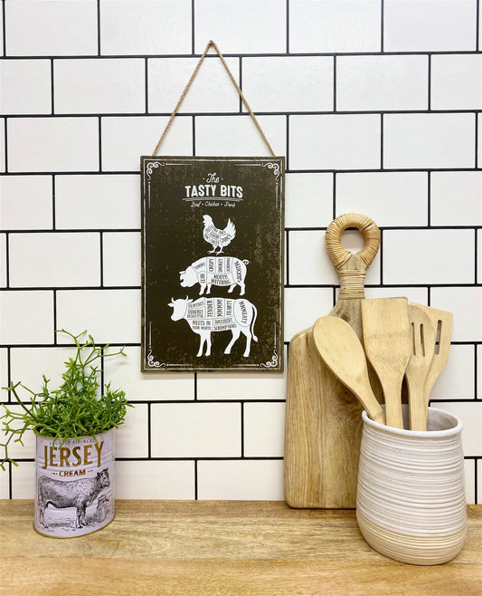 The Tasty Bits Wooden Hanging Plaque in Brown