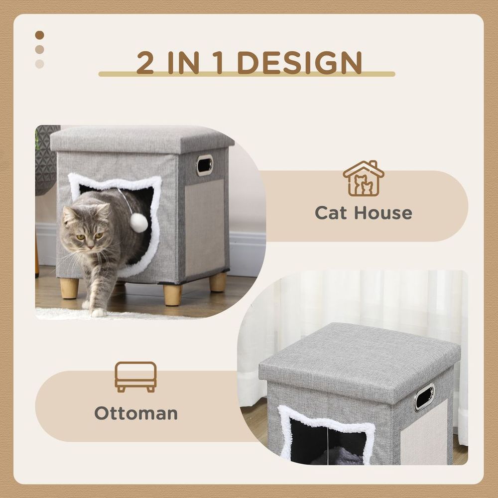 2 in 1 Cat Bed Ottoman with Removable Cushion, Handles, Scratching Pad