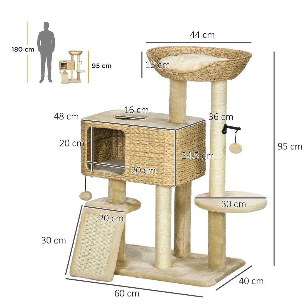 95cm Cat Tree Tower with Scratching Post, Cat House, Ball and Platform - Beige