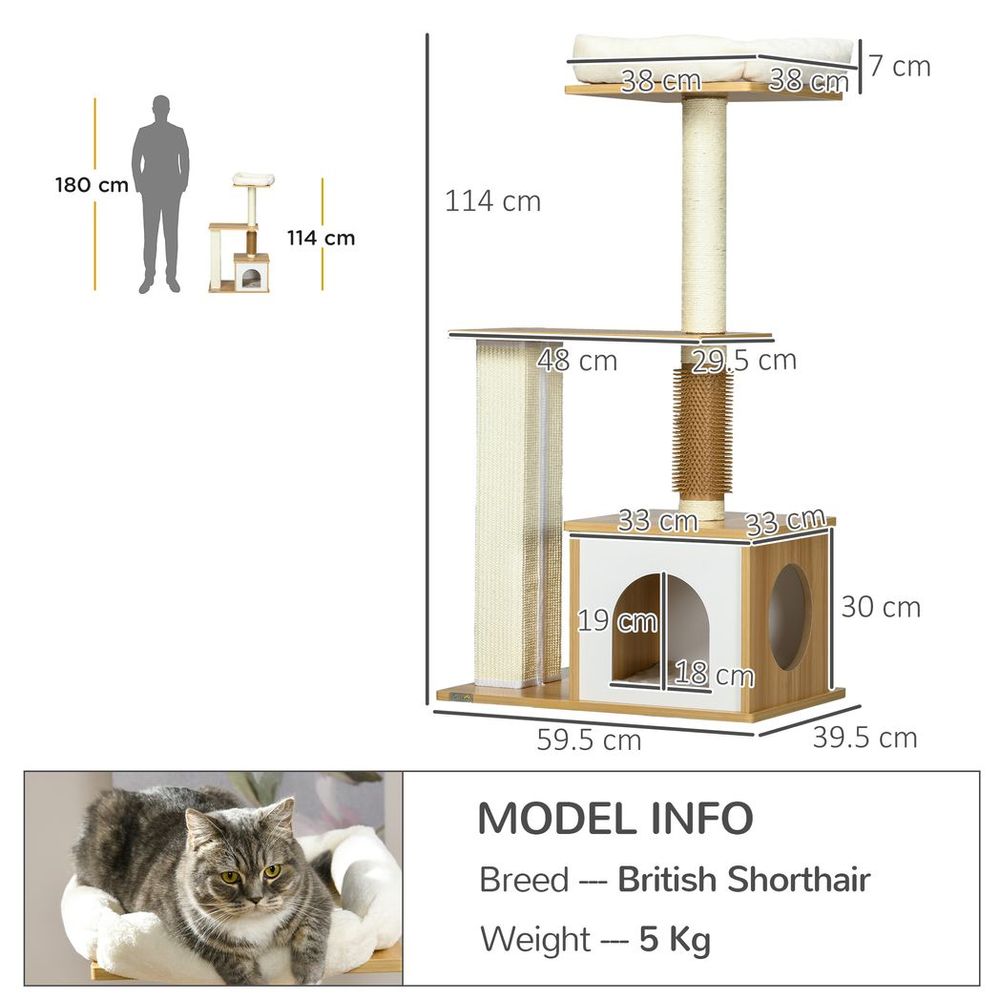 114cm Cat Tree for Indoor Cats with Scratching Posts, Cat House, Cat Bed