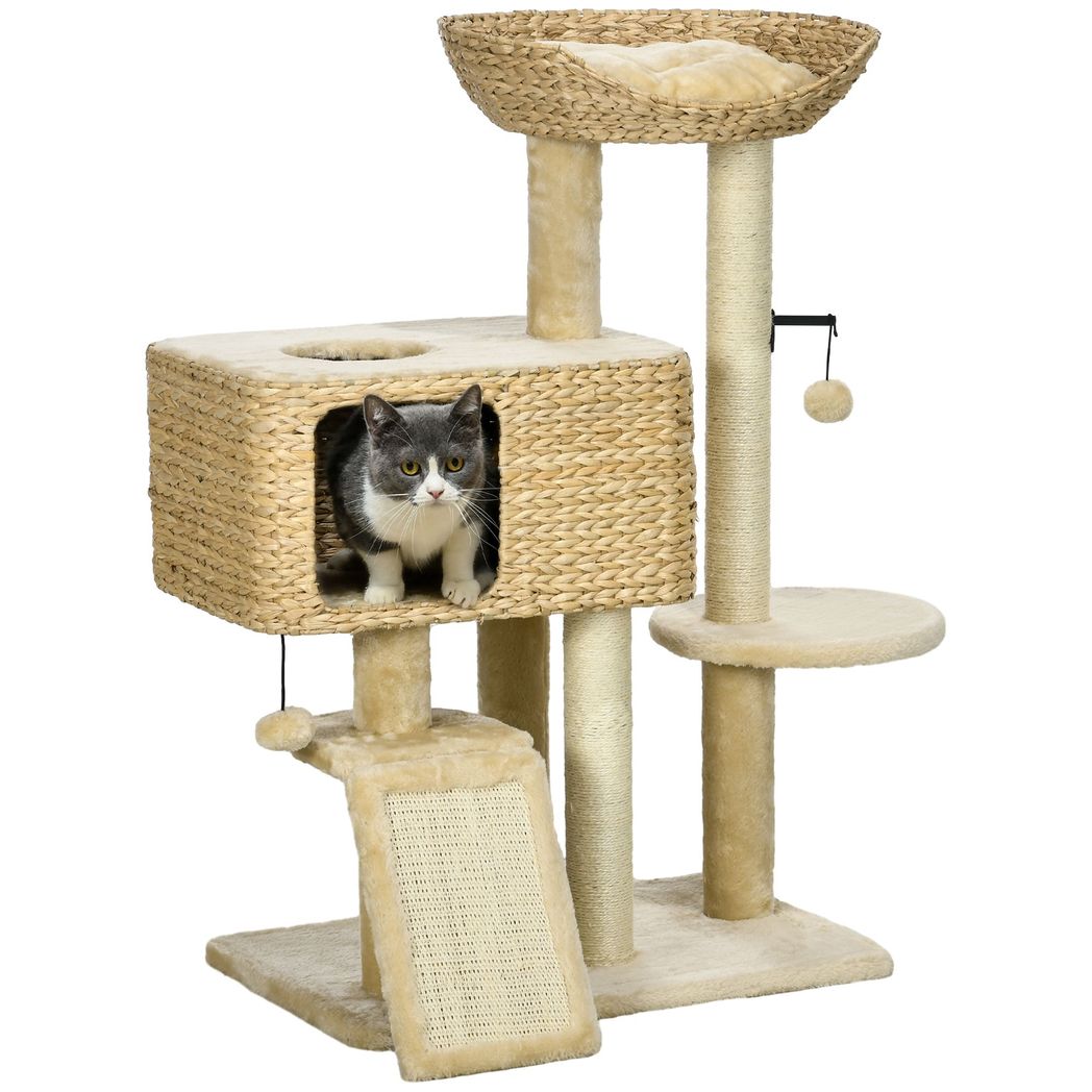 95cm Cat Tree Tower with Scratching Post, Cat House, Ball and Platform - Beige