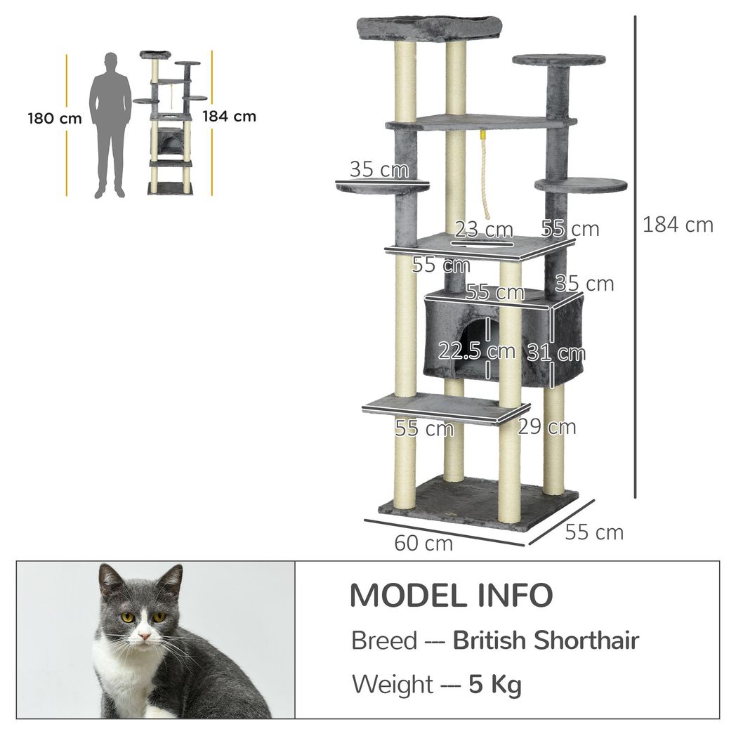 184cm Cat Tree for Indoor Cats, Modern Cat Tower with Cat Bed - Grey