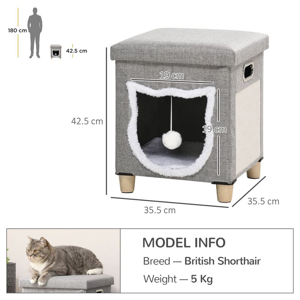 2 in 1 Cat Bed Ottoman with Removable Cushion, Handles, Scratching Pad