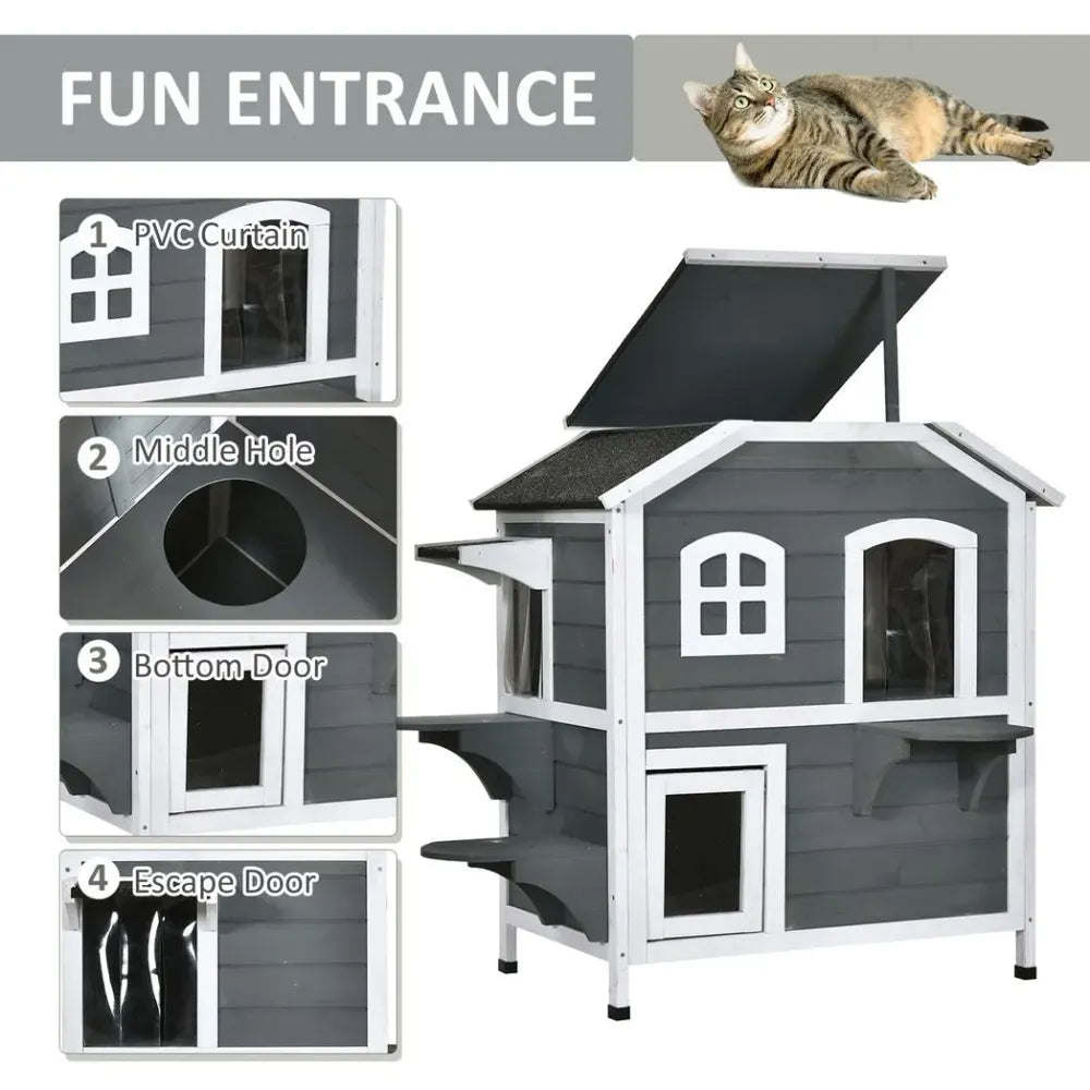 Grey Fir Wood Cat Condo with Openable Roof - Outdoor/Indoor