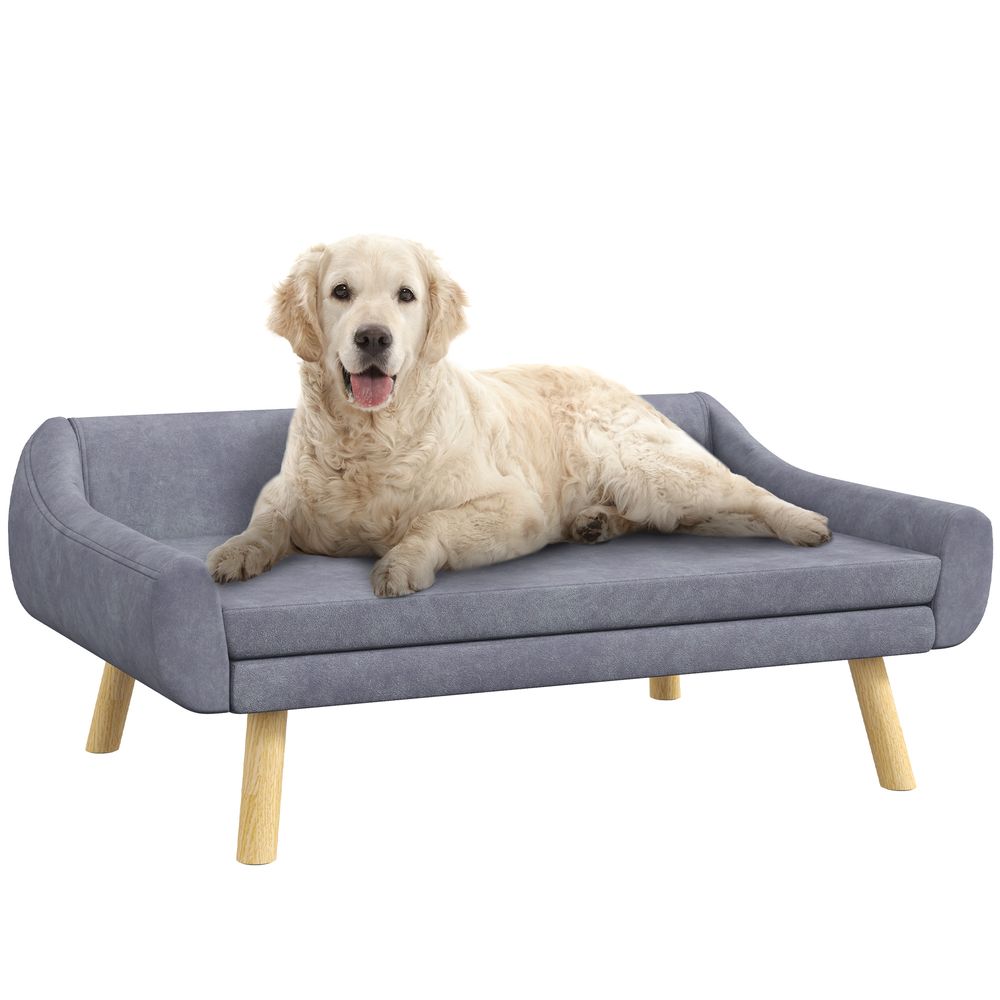 Dog Sofa Bed Raised Couch with Wooden Frame and Soft Cushion - Grey