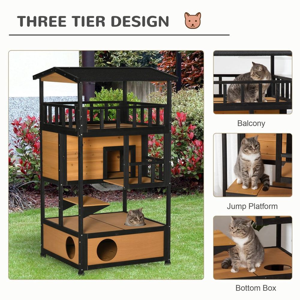 Wooden Outdoor Cat House 3-Tier Kitten Shelter with Tilted Roof Yellow