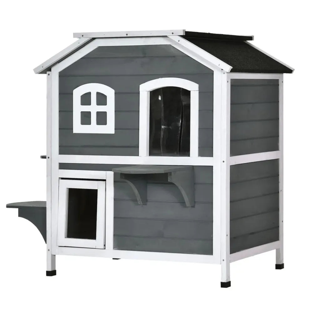 Grey Fir Wood Cat Condo with Openable Roof - Outdoor/Indoor