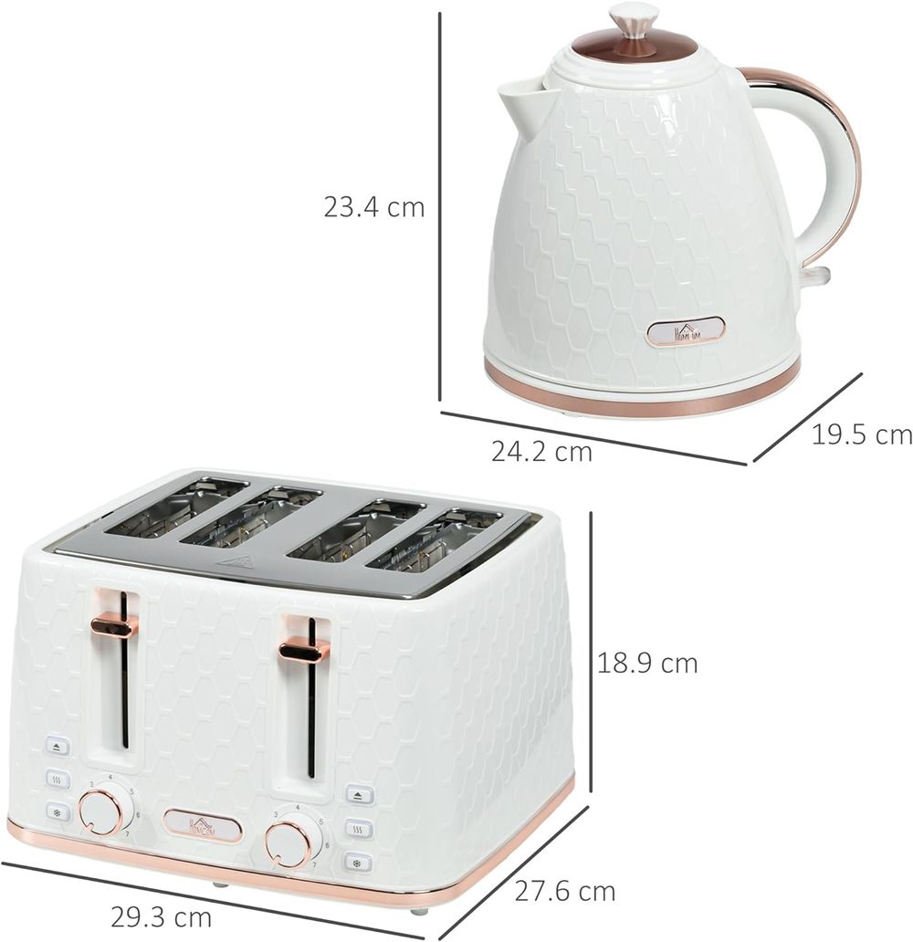 HOMCOM 1.7L Kettle and Toaster Set with Defrost, Reheat and Crumb Tray, White